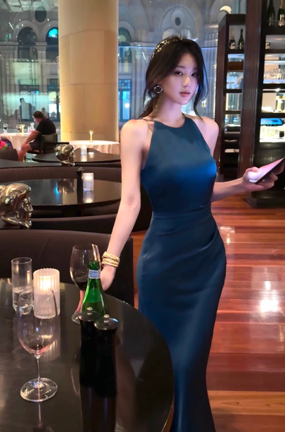 Sexy Navy Blue Satin Mermaid Long Prom Dress Birthday Outfits YM2064