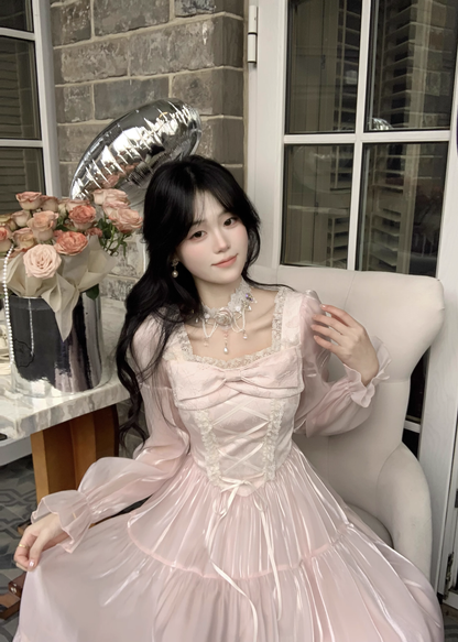 Pink French Square Neck Long Dress Fairy Glossy  Party Dress Prom Dress YM2027