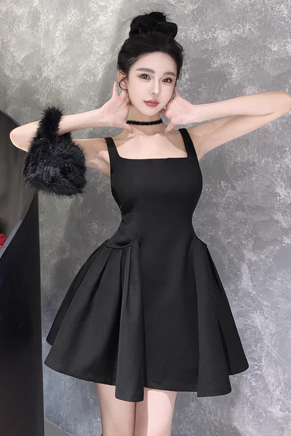 Simple Black Square Neck A Line Holiday Dress Mini Party Dress YM2128