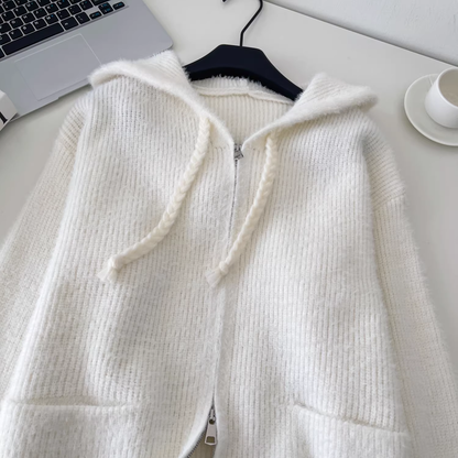 Sweet And Versatile Knitted Cardigan With Loose Hood And Zip-up Pockets YM2425