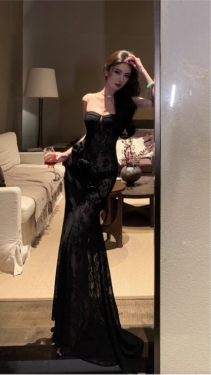 Sexy Floral Lace Strapless Evening Dress Black Long Party Dress YM2174