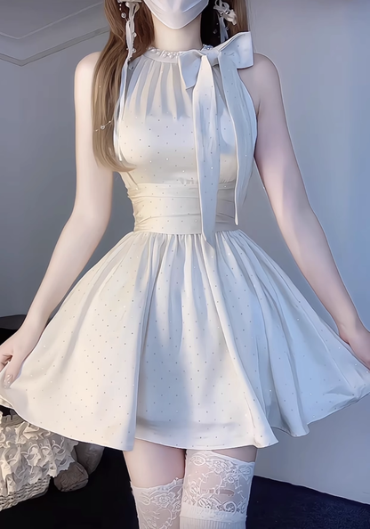 Glitter Bow Halter Neck A Line Holiday Birthday Dress YM2126