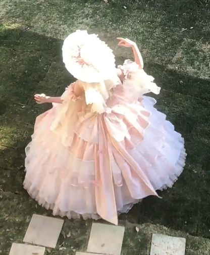 Pretty Pink Lolita Satin Lace Evening Dress Birthday Party Dress Ball Gown YM2137
