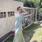 Romantic style green smudged flower ribbon suspender dress YM1158