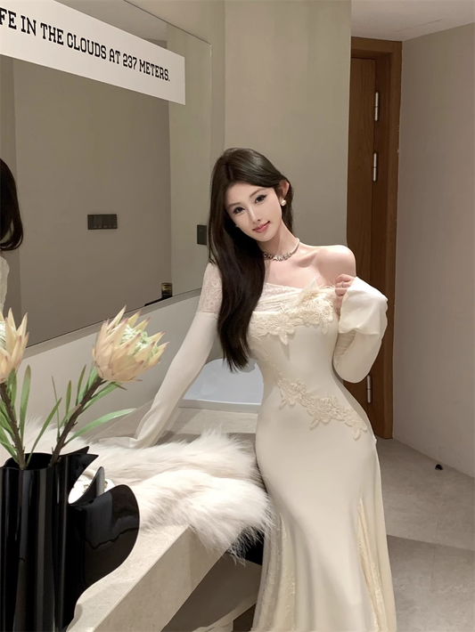 Women's new style one-shoulder long-sleeved dress with lace birthday dress YM1938