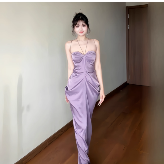 Purple Satin Sexy Backless Straps Birthday Party Dress Long Holiday Dress YM2265