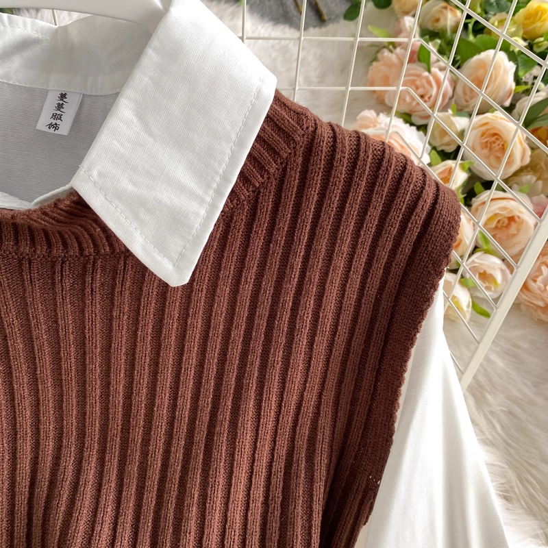 Long Shirt Tie Knitted Vest Two-Piece Set, YM259
