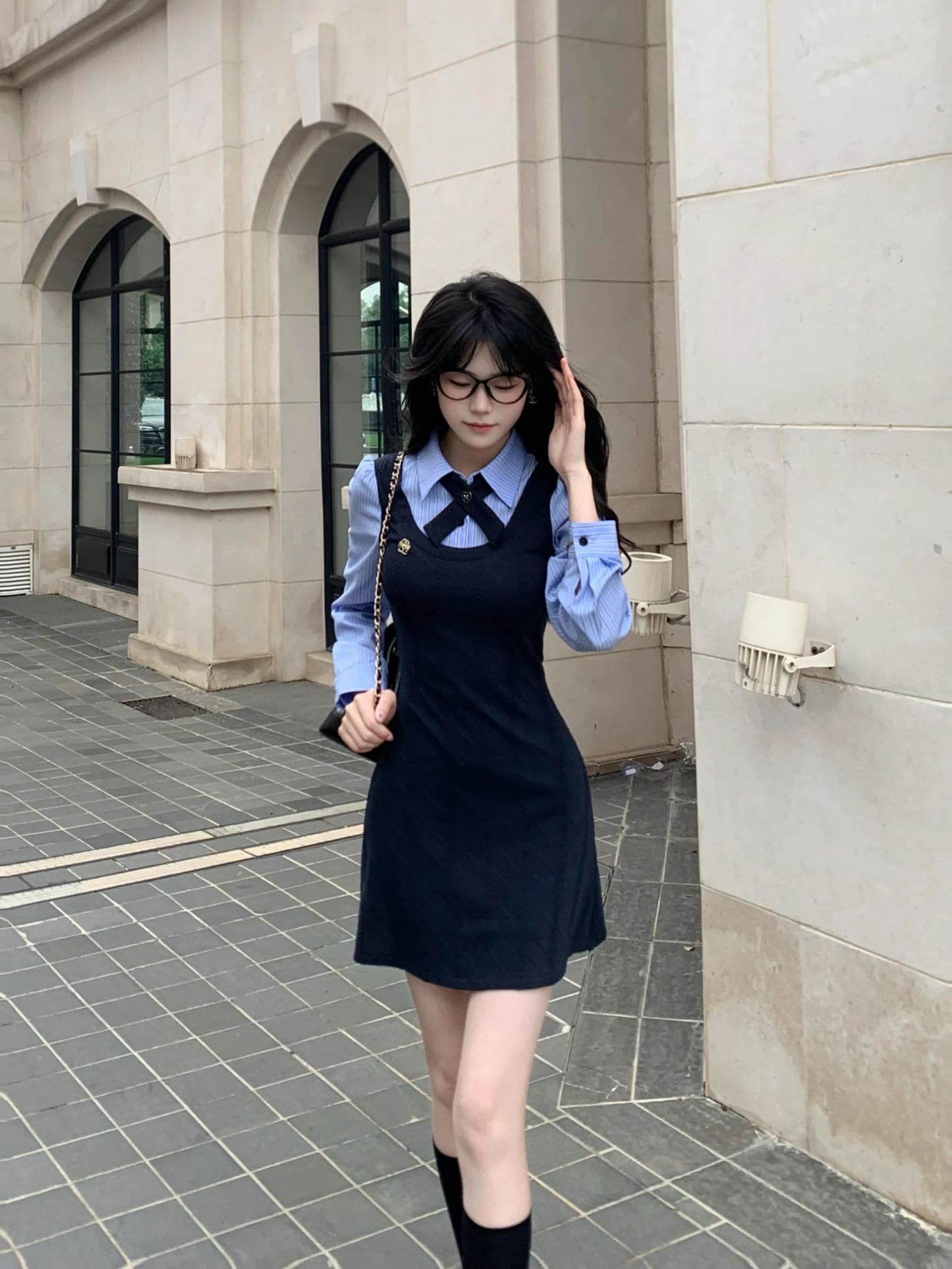 College Style Striped Shirt Fake Short Two Piece Dress Women's New YM2035