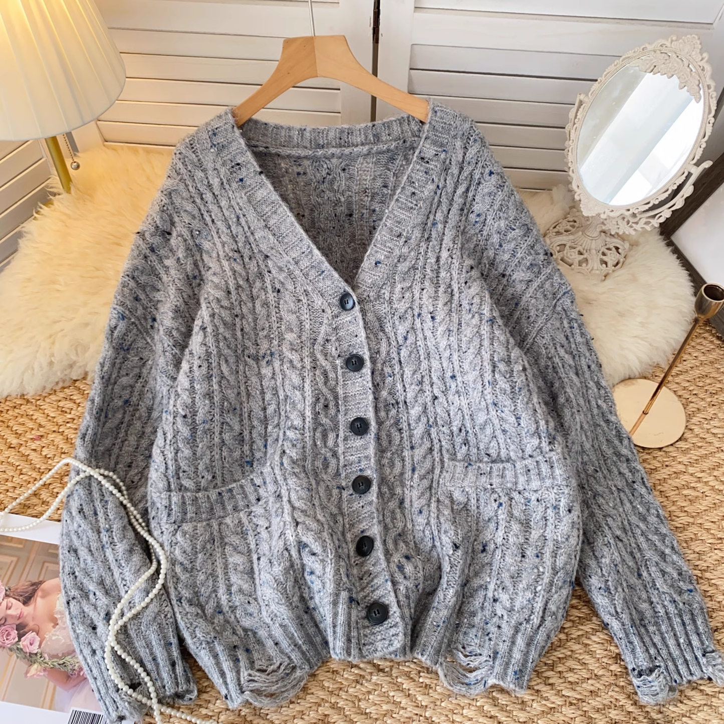 Lazy style sweater coat women autumn all-match cable knitted cardigan YM1584
