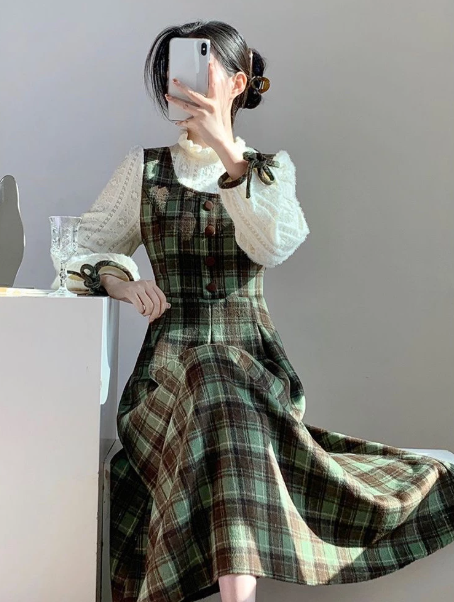 Retro Bud Green Plaid Patchwork High Collar A-Line Maxi Women Dress Holiday Dress YM2739