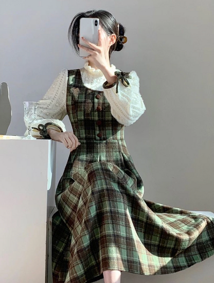 Retro Bud Green Plaid Patchwork High Collar A-Line Maxi Women Dress Holiday Dress YM2739