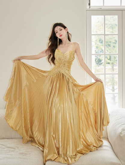 Flowy Warm Yellow Satin Beaded Spaghetti Straps A-Line Maxi Prom Dress Birthday Dress Ball Gown YM2705