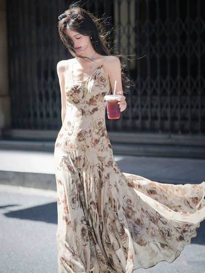 Gentle Ivory Flowy Floral Spaghetti Straps A-Line Maxi Women Dress Holiday Dress YM2715