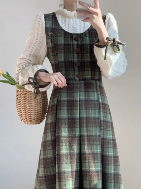 Retro Bud Green Plaid Patchwork High Collar A-Line Maxi Women Dress Holiday Dress YM2739