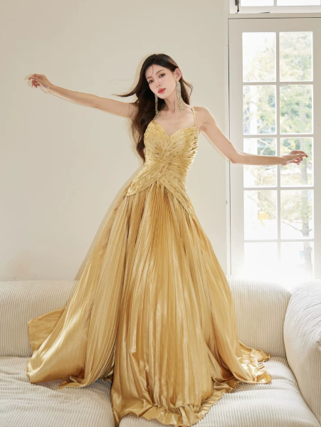 Flowy Warm Yellow Satin Beaded Spaghetti Straps A-Line Maxi Prom Dress Birthday Dress Ball Gown YM2705