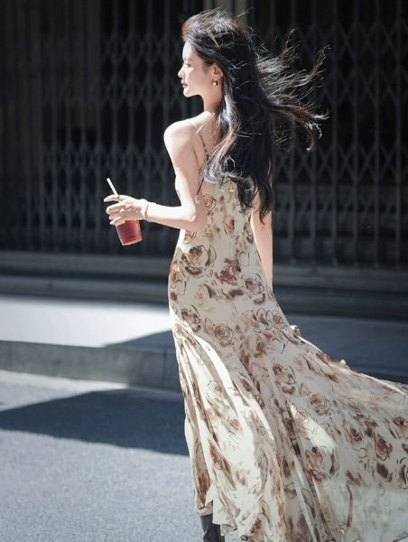 Gentle Ivory Flowy Floral Spaghetti Straps A-Line Maxi Women Dress Holiday Dress YM2715
