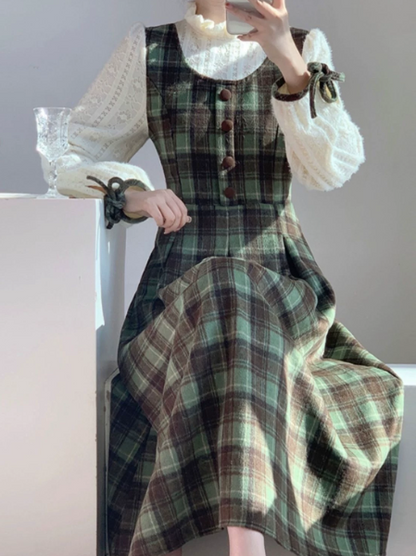 Retro Bud Green Plaid Patchwork High Collar A-Line Maxi Women Dress Holiday Dress YM2739