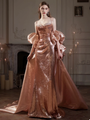 Sparkly Champagne Satin High End Spaghetti Straps A-Line Long Prom Dress Birthday Dress Ball Gown YM2670