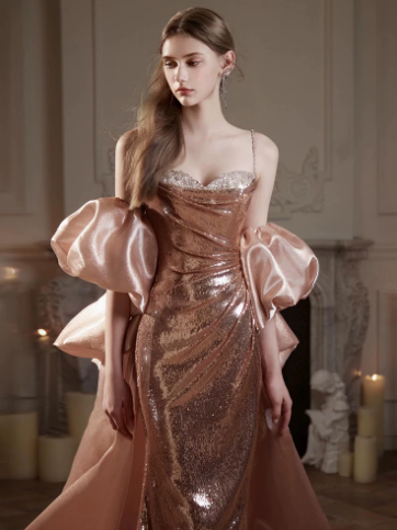 Sparkly Champagne Satin High End Spaghetti Straps A-Line Long Prom Dress Birthday Dress Ball Gown YM2670