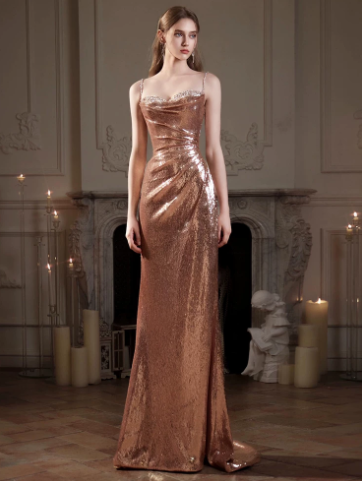 Sparkly Champagne Satin High End Spaghetti Straps A-Line Long Prom Dress Birthday Dress Ball Gown YM2670