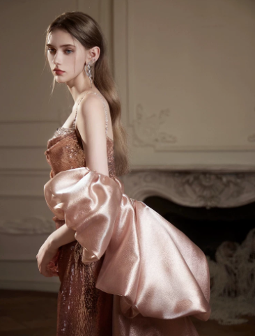 Sparkly Champagne Satin High End Spaghetti Straps A-Line Long Prom Dress Birthday Dress Ball Gown YM2670