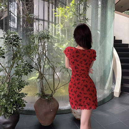 Vintage Red Short Sleeves Print Floral Sheath Short Birthday Dress Vacation Dress YM2231