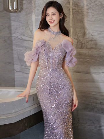 Slim Purple Sequins Glitter Sweetheart Mermaid Long Prom Dress Birthday Dress Ball Gown YM2671