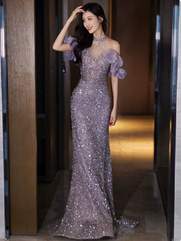 Slim Purple Sequins Glitter Sweetheart Mermaid Long Prom Dress Birthday Dress Ball Gown YM2671
