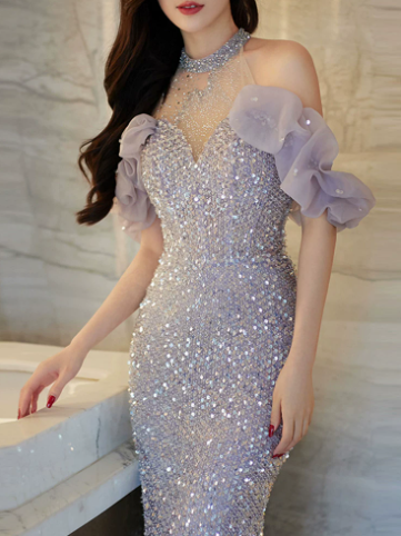 Slim Purple Sequins Glitter Sweetheart Mermaid Long Prom Dress Birthday Dress Ball Gown YM2671