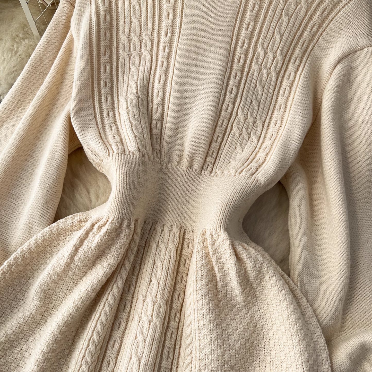 Sweater lazy style mid-length age-reducing puff sleeve knitted dress YM1574