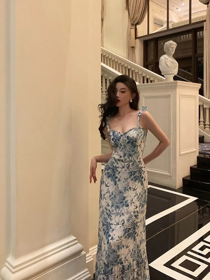 Elegant A Line Floral Blue Prom Dress Birthday Outfits YM1709