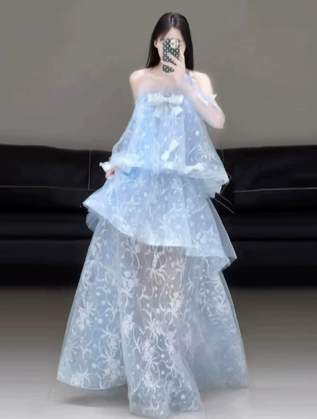 Fresh Pale Blue Tulle Ruffled Strapless A-line Long Prom Dress Birthday Dress Ball Gown YM2672