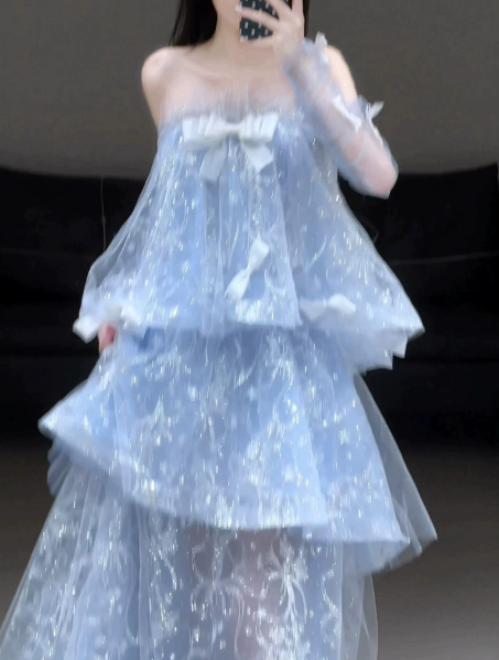 Fresh Pale Blue Tulle Ruffled Strapless A-line Long Prom Dress Birthday Dress Ball Gown YM2672