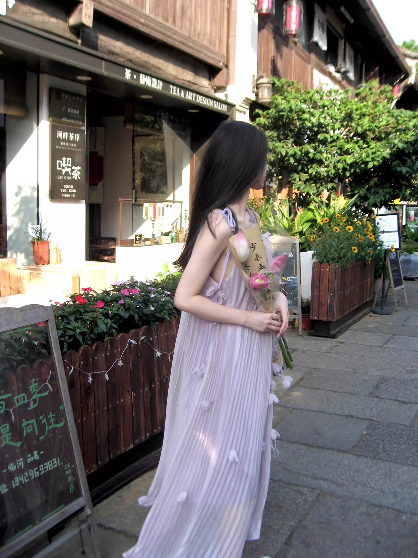 Gentle Style Long Dress Straps Three-Dimensional Flower Fairy Purple Prom Dress YM1656