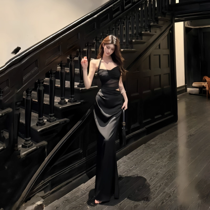 Black Halter Holiday Dress Sexy Sheath Long Vacation Dress YM2271