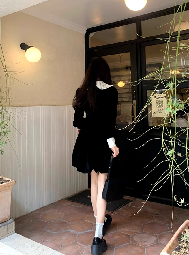 Chic Velvet Long Sleeve Dress For Women Black Short Dress YM1748