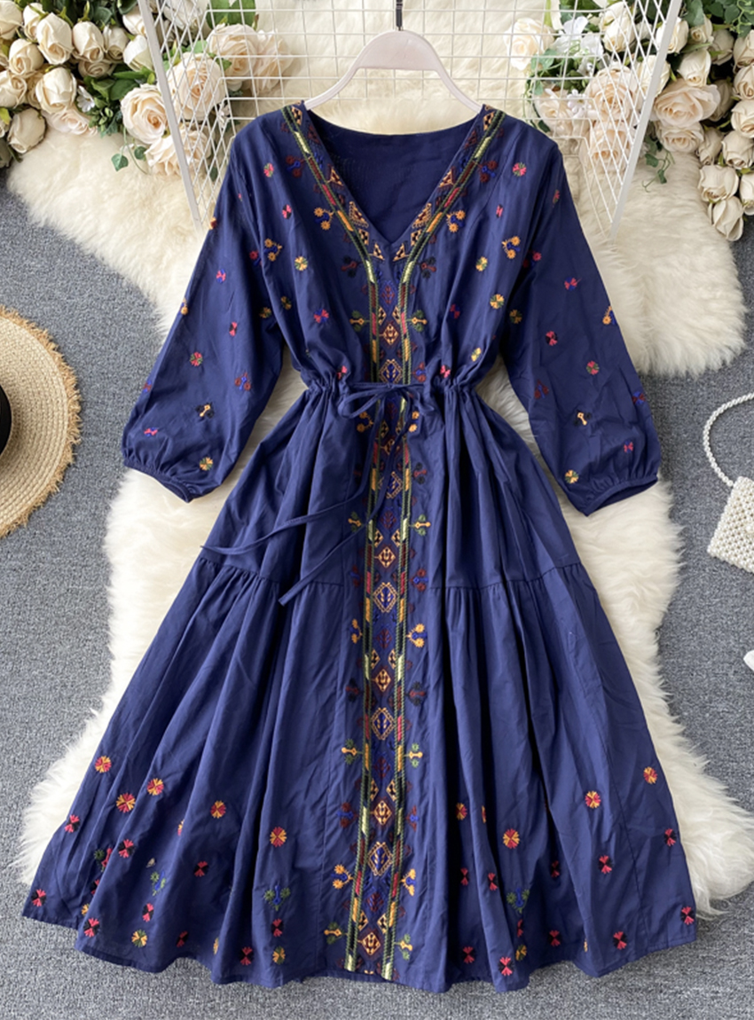 A Line V Neck Embroidery Summer Dress  YM442