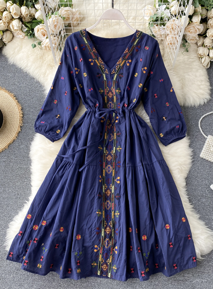 A Line V Neck Embroidery Summer Dress  YM442