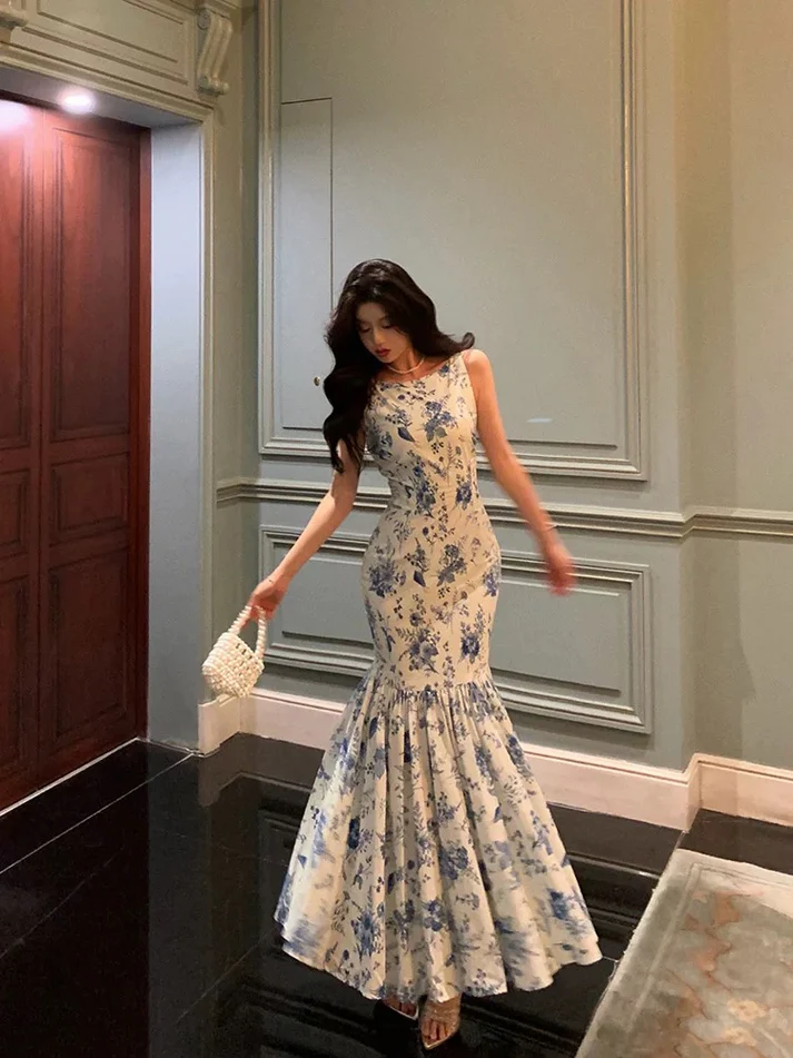 Pretty Blue Floral Ruffle Long Prom Dress Mermaid Party Dress YM1705