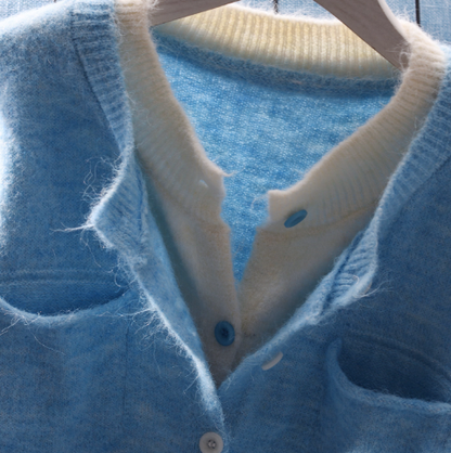 Blue Round Neck Fake Two-piece Soft And Stylish Sweater Cardigan YM2354