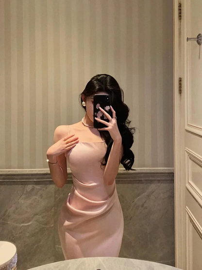 Classy Pink Satin Prom Dress Birthday Outfits Evening Gown YM1619
