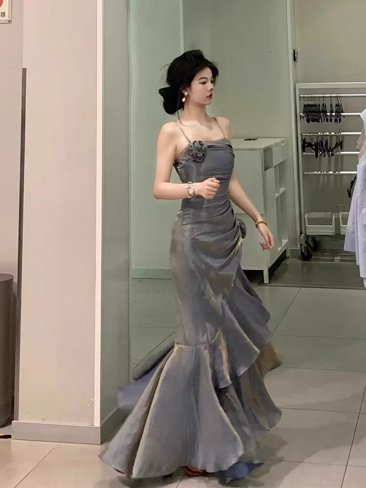 Pretty High Low Gray Blue Long Party Dress Mermaid Birthday Outfits YM1632