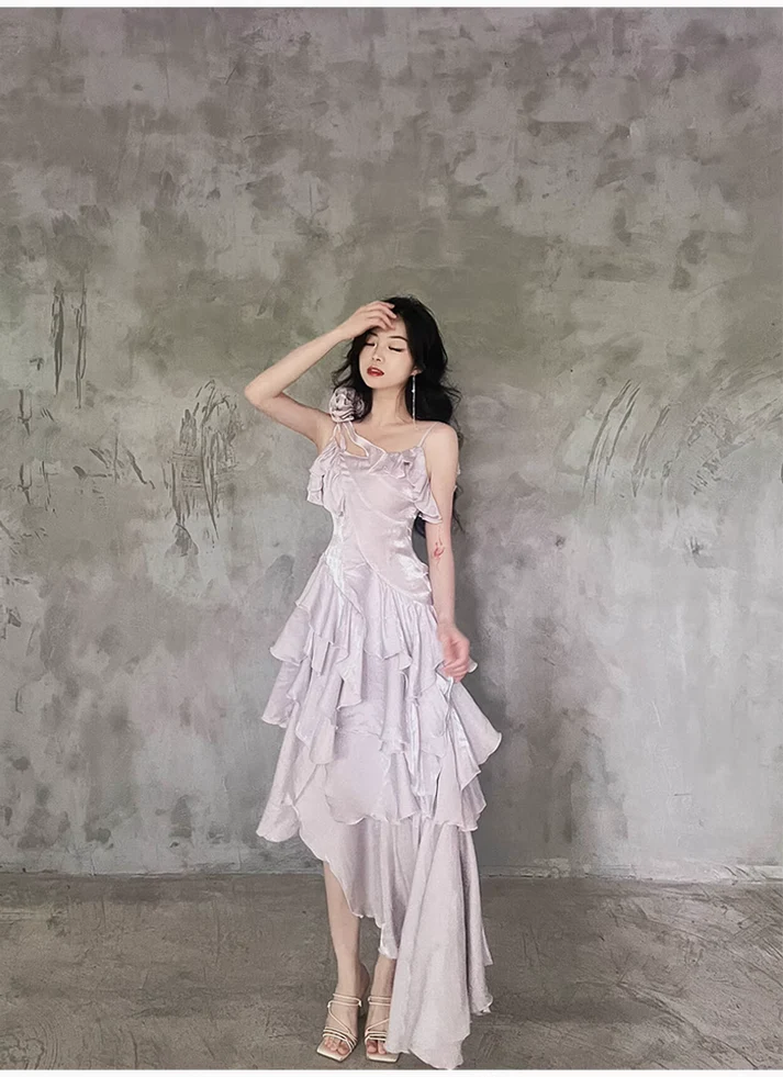 Irregular Ruffled Suspender Prom Dress Long Birthday Dress  YM1627