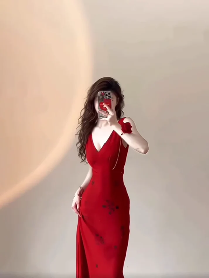Sexy Red V Neck Long Prom Dress Birthday Dress YM1616