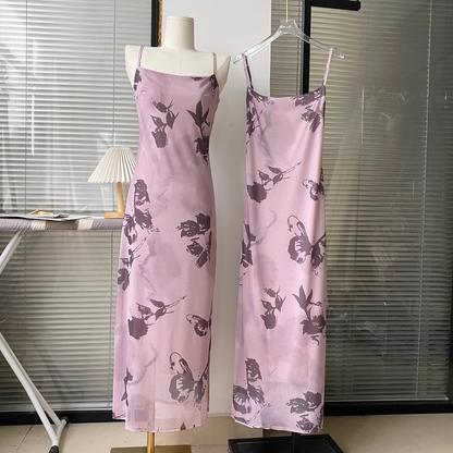 Purple Floral Suspender Dress Sexy Slit Party Dress YM1766