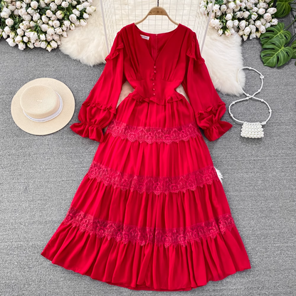 Lantern long-sleeved V-neck lace stitching chiffon dress seaside holiday dress, YM269