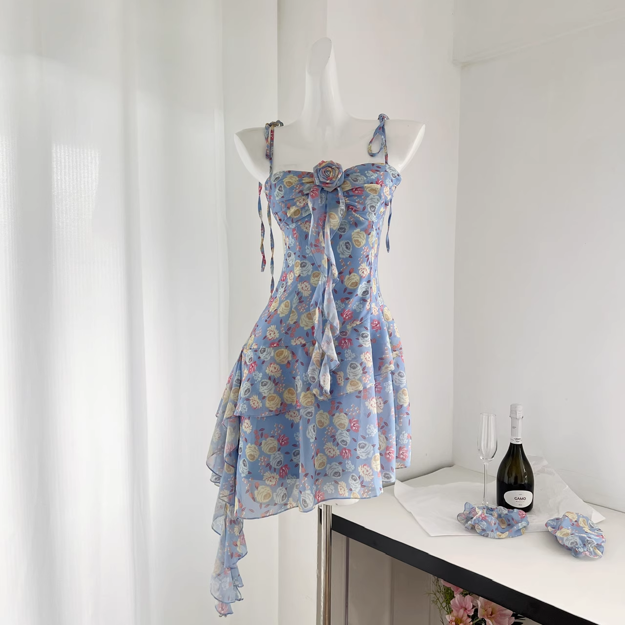 Chiffon Floral Dress New Style Seaside Holiday Irregular Dress Blue Mini Party Dress YM1791