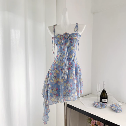 Chiffon Floral Dress New Style Seaside Holiday Irregular Dress Blue Mini Party Dress YM1791