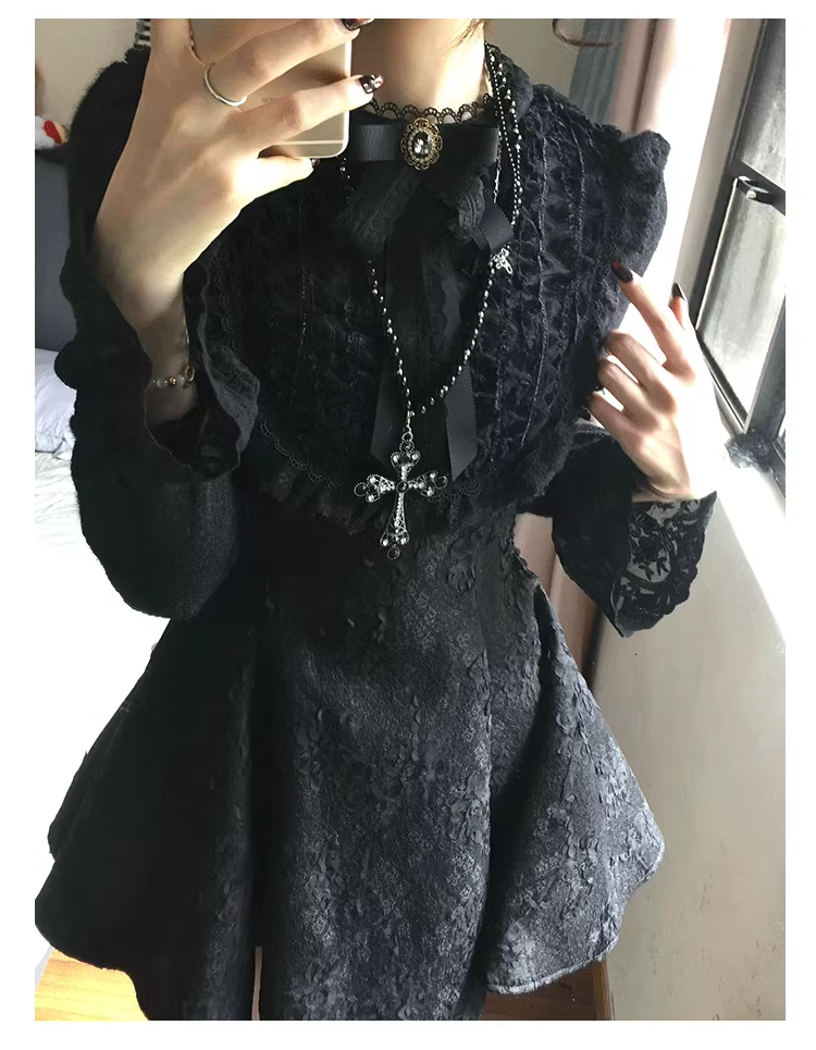 Black Dress Bow Lace Short Princess Dress YM1645