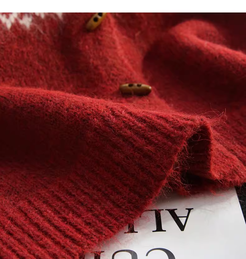 Vintage Fair Isle Jacquard Horn Button Red Sweater Coat YM2444